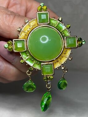 Green Enamel and Crystal Drop Brooch - Women Jewelry
